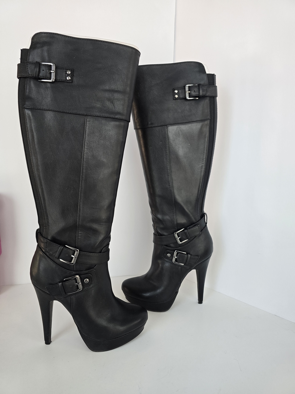 G by Guess Black Tall Platform Heel Knee Boots with Buckle Straps